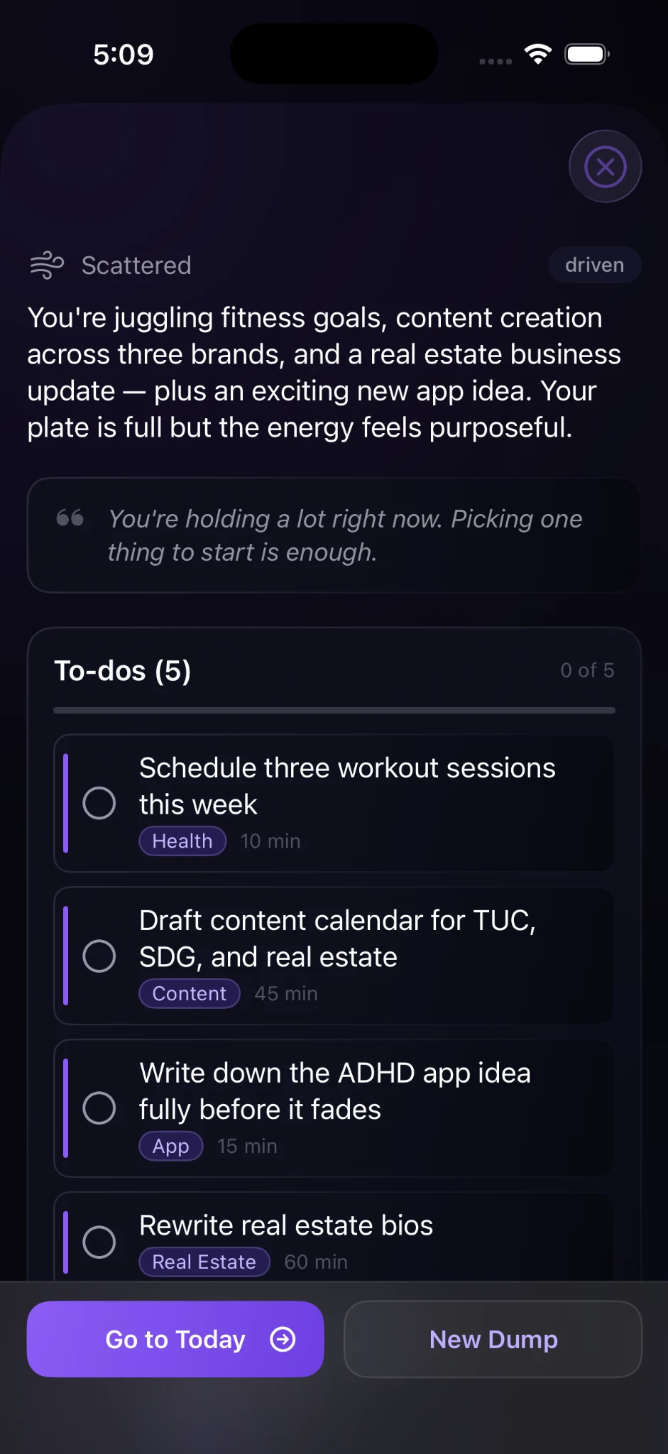 Bramble AI result turning the brain dump into structured to-dos