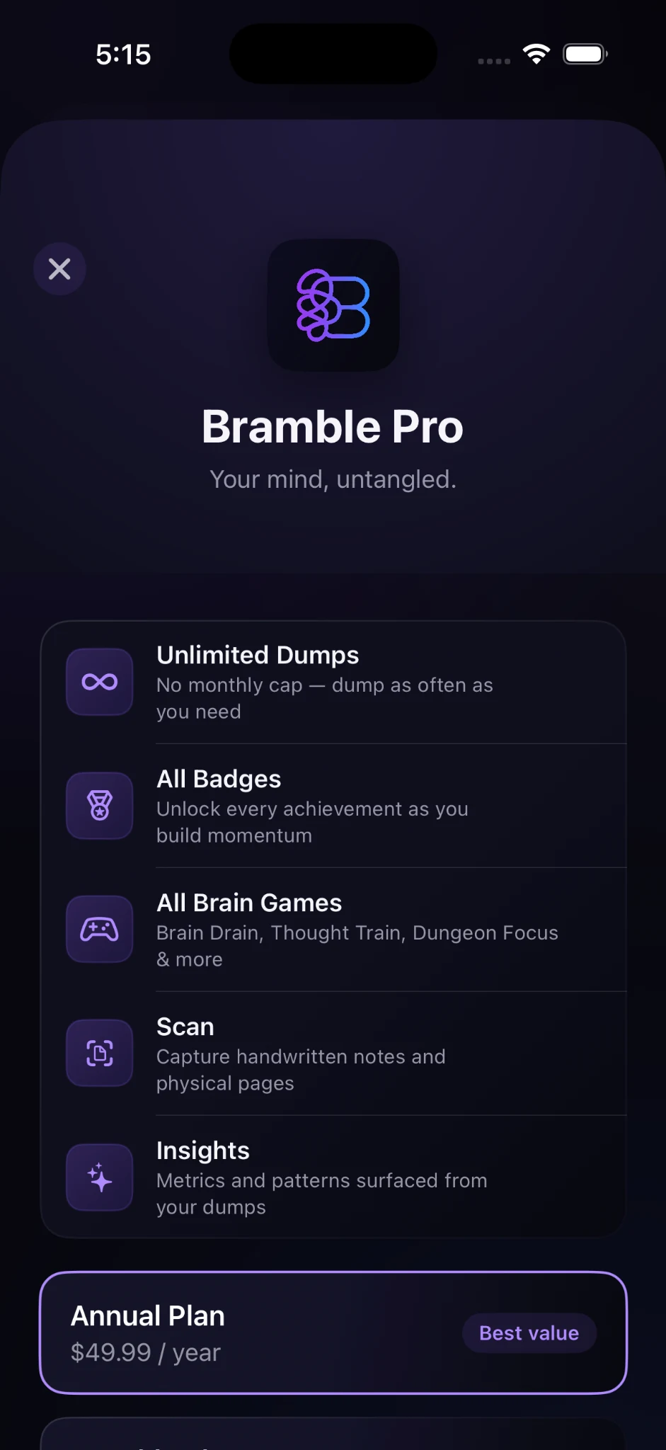 Bramble Pro subscription screen
