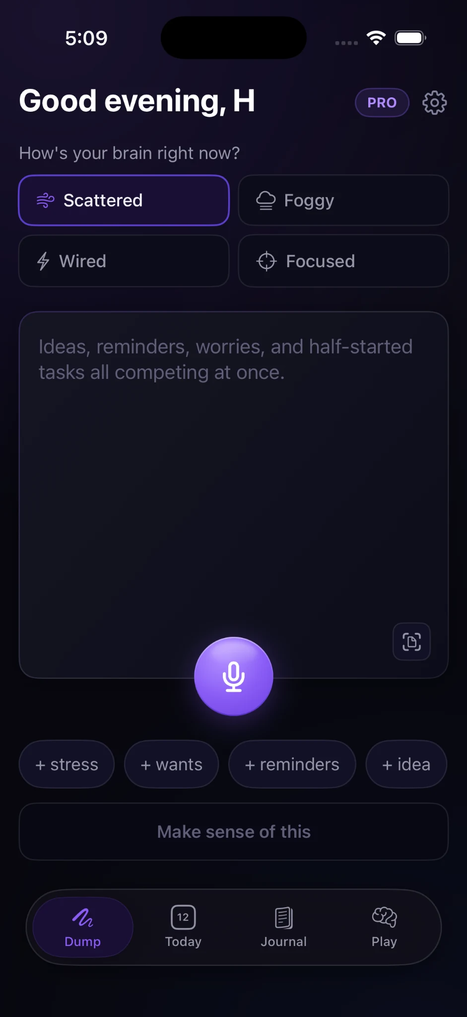 Empty Bramble Dump screen showing mood states, voice capture, scan, and quick tags