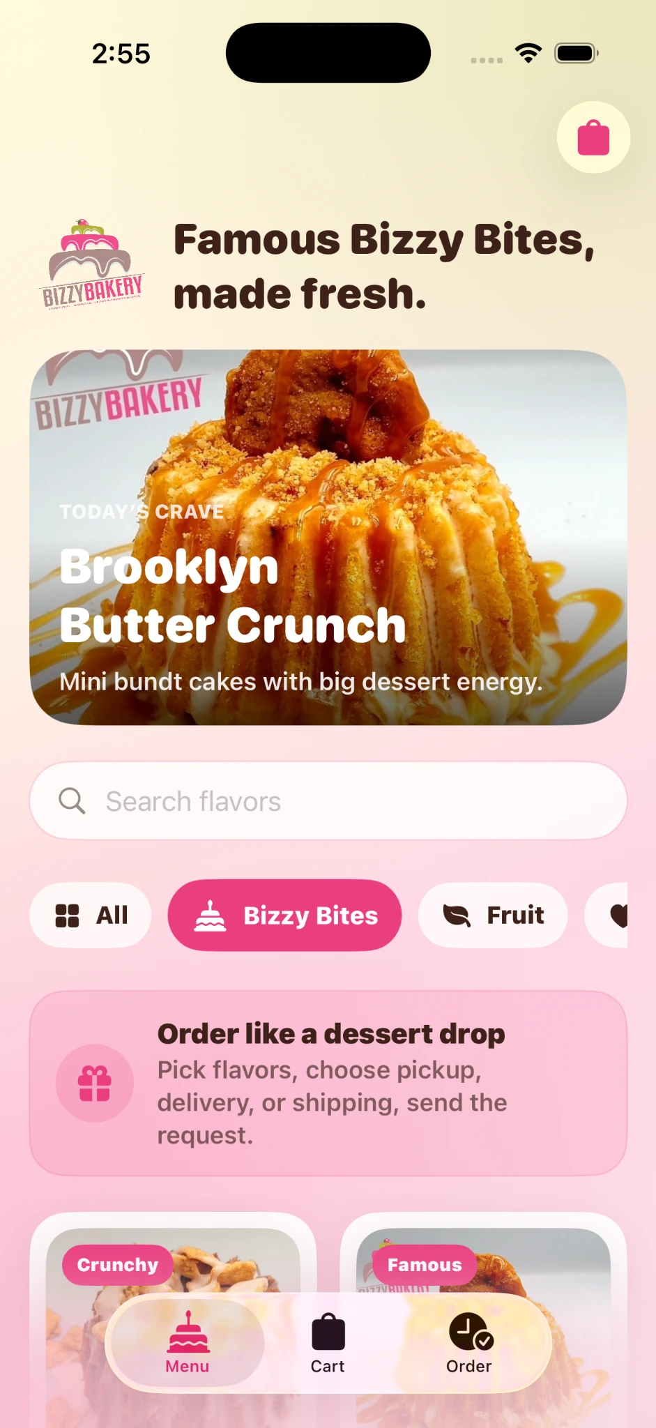 Bizzy Bakery menu home screen with featured Bizzy Bite