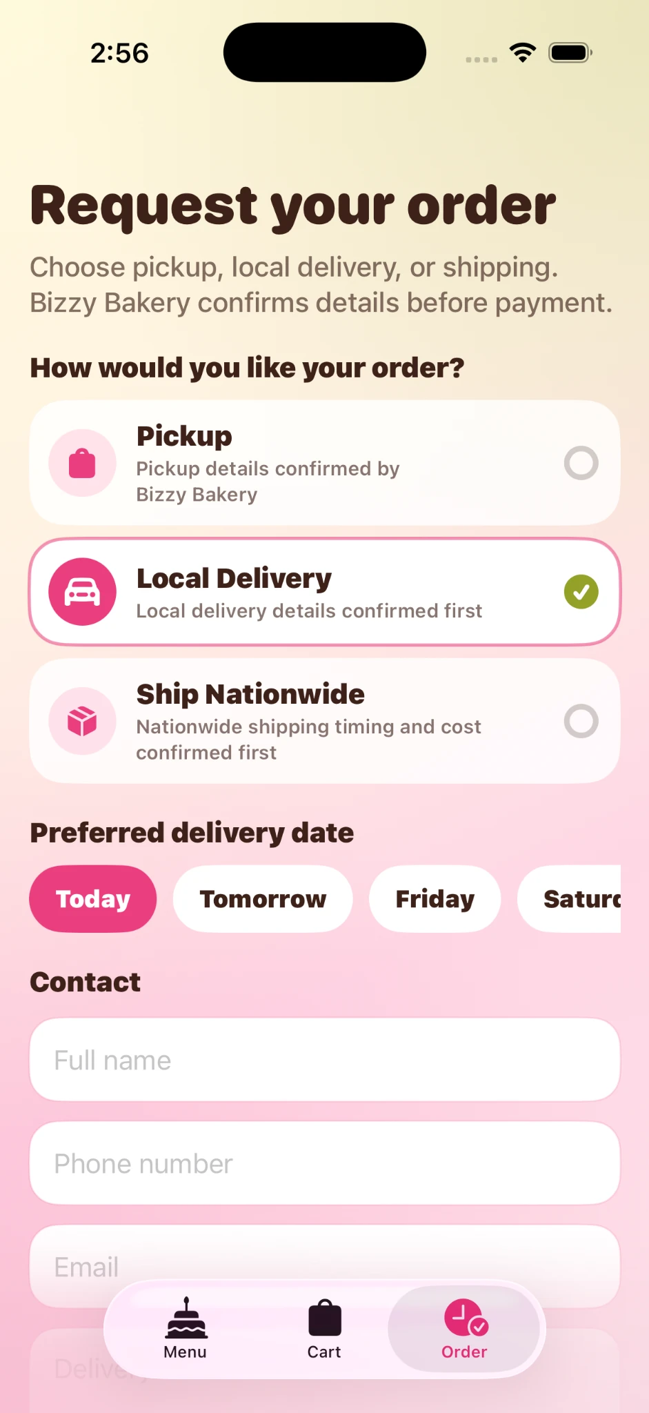 Local delivery order request screen