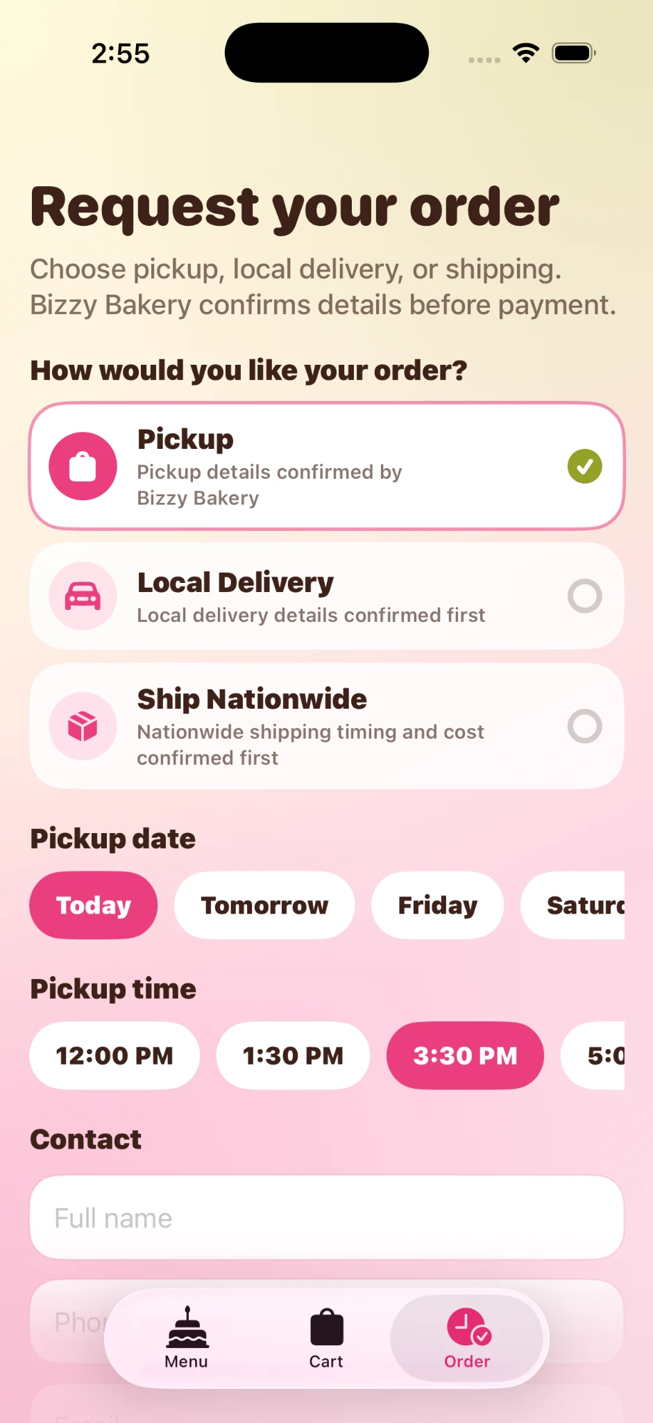 Pickup order request screen