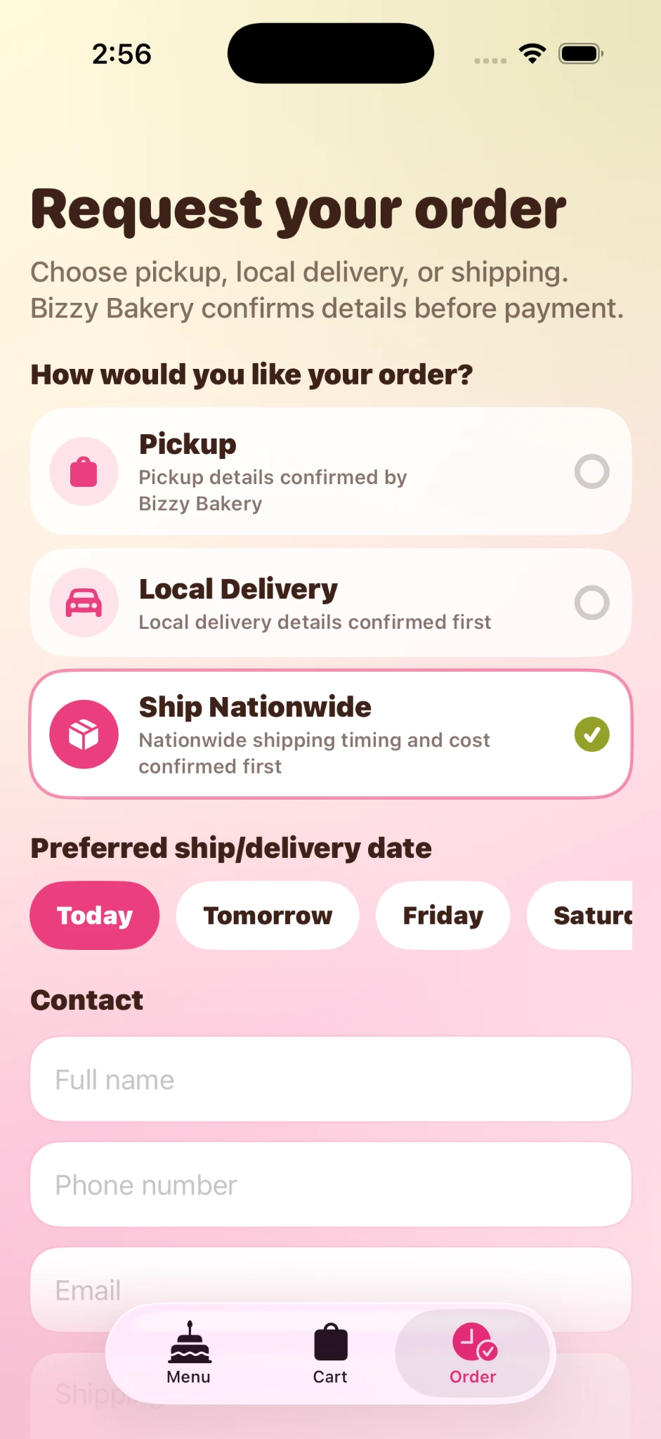 Bizzy Bakery order request screen with nationwide shipping selected