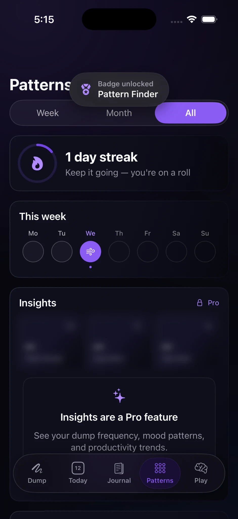 Patterns overview with streak and weekly history