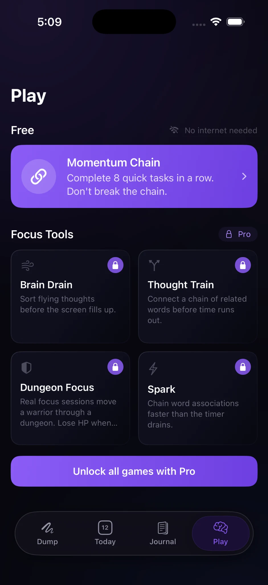 Play screen showing free and Pro focus tools