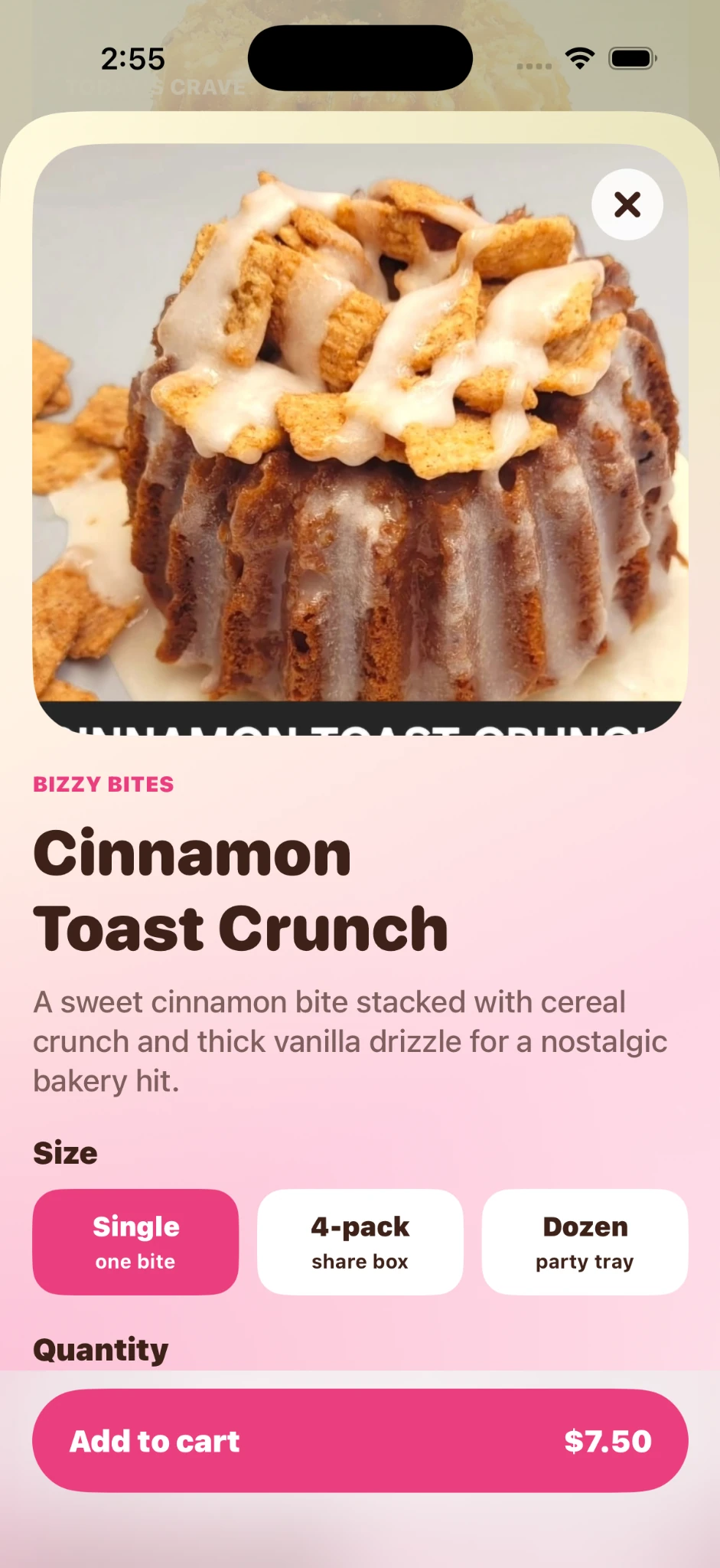 Bizzy Bakery product detail screen for Cinnamon Toast Crunch