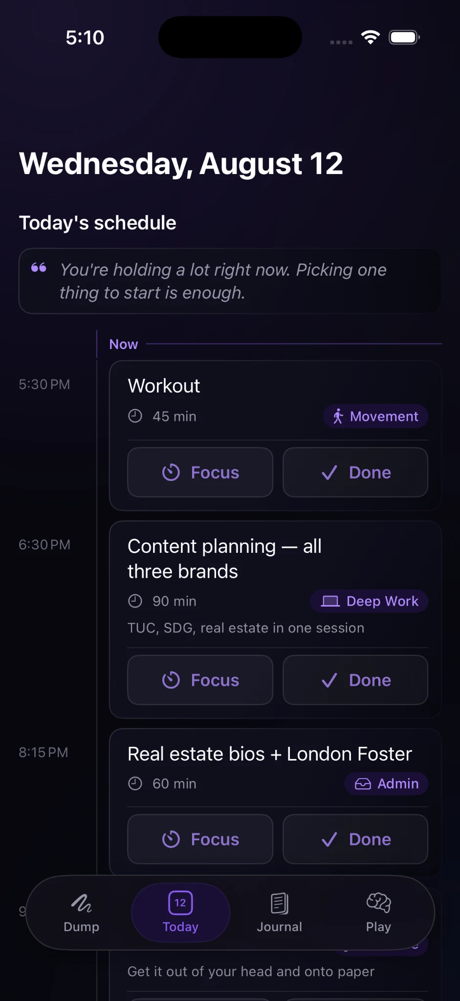 Bramble Today screen with structured time blocks